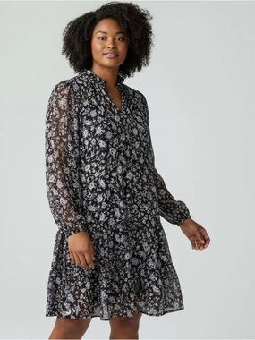 Intermix Floral Long-Sleeve Black A-Line Dress